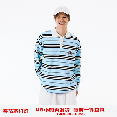PSO Brand 240克条纹针织可爱小狗们长袖poloT恤上衣外穿男春季