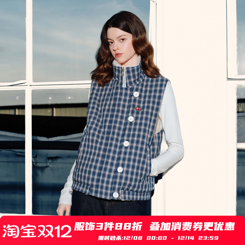 PSO Brand女装双面穿立领格纹撞色棉服马甲保暖棉袄女款冬季外套