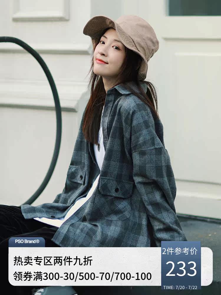 PSO Brand Japanese retro gray plaid shirt Men's long-sleeved loose plaid shirt couple tide brand jacket