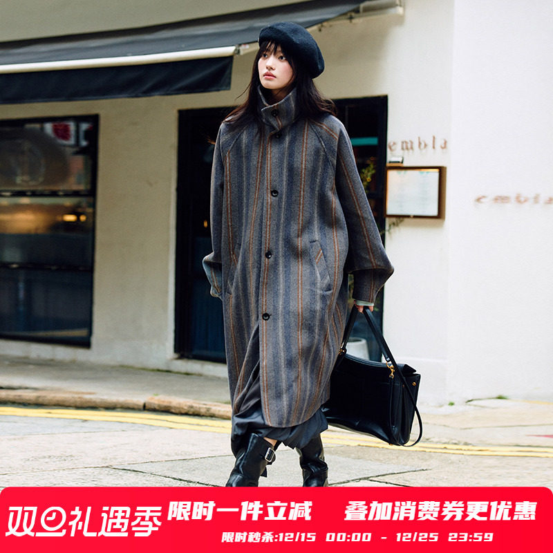 PSO Brand男装女装条纹呢子宽松慵懒风翻领中长款插肩袖大衣外套