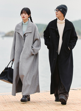 PSO Brand男装女装【绵羊毛】立领保暖长款黑色大衣宽松毛呢外套