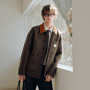 PSO Brand男装女装羊毛复古撞色翻领工装夹克宽松毛呢外套冬季