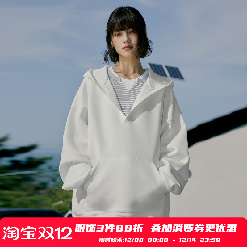 PSO Brand 男装女装空气层大V领纯色刺绣宽松连帽卫衣外套秋冬潮