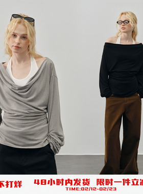 PSO Brand女装复古一字肩荡领收腰灰色露肩长袖T恤休闲挂脖上衣