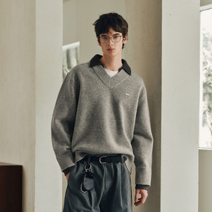 仿马海毛学院风假两件V领毛衣外套撞色针织衫 女装 Brand男装 PSO