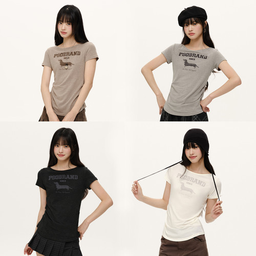 PSO Brand 女装可爱小狗字母正肩女T恤修身显瘦短袖上衣夏季潮牌