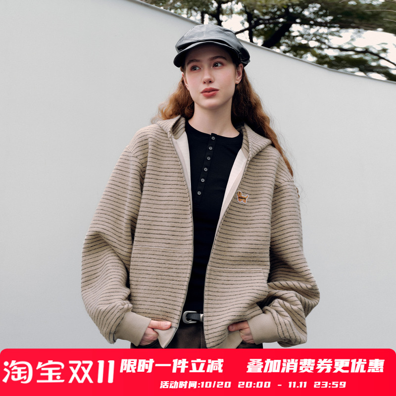 PSO Brand 男装女装刺绣小狗磨毛针织条纹连帽卫衣拉链开衫外套