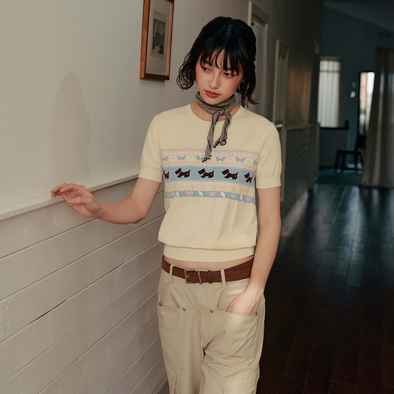 PSO Brand女装夏季费尔岛提花可爱小狗弹力针织修身圆领短袖上衣