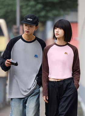 PSO Brand男装女装26支280克双纱可爱小狗撞色插肩袖长袖T恤打底