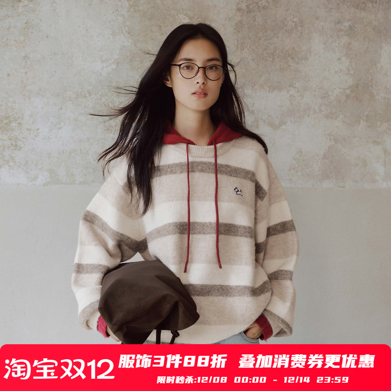 【周深同款】PSO Brand男装女装假两件条纹撞色针织衫连帽毛衣