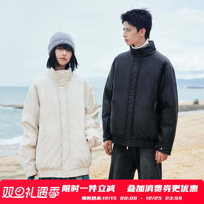 PSO Brand男装女装【90绒】纯色PU皮立领羽绒服冬季外套休闲宽松