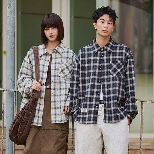 PSO Brand男装女装美式复古格子衬衫女款长袖格纹衬衣外套秋季潮