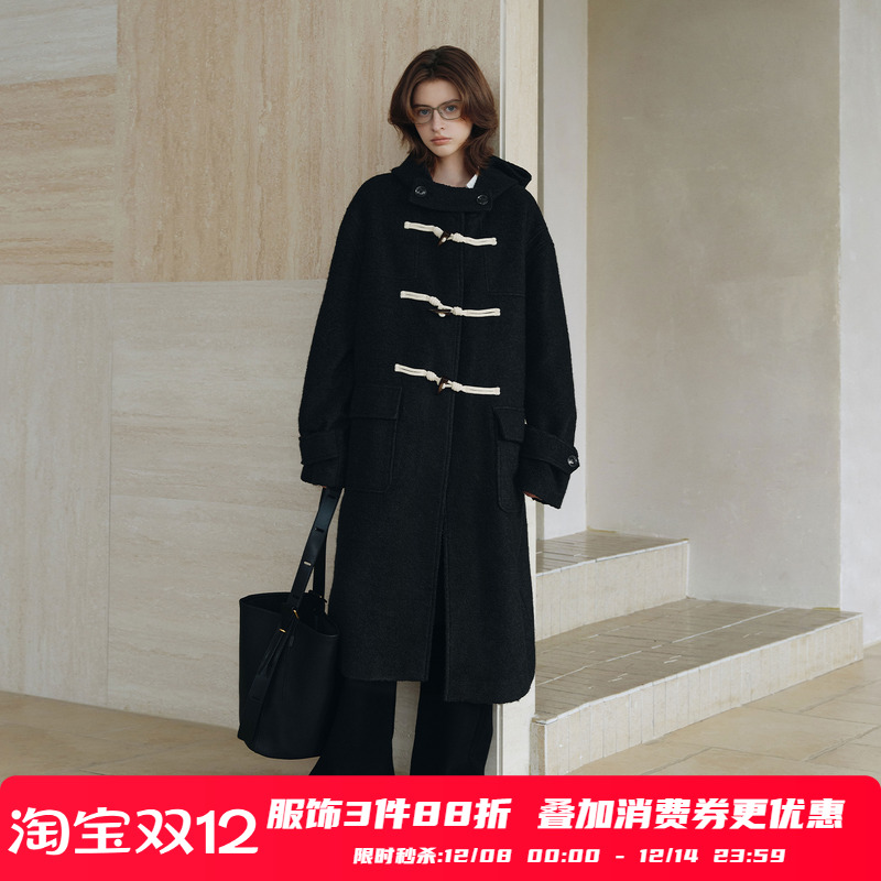 PSO Brand男装女装羊毛连帽中长款牛角扣大衣毛呢女款外套高级感