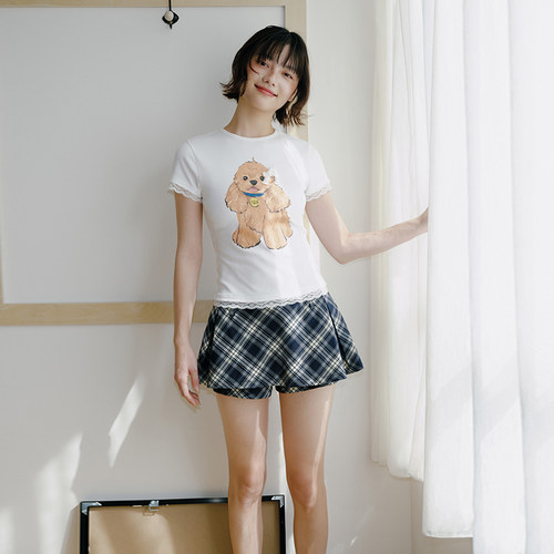 PSO Brand女装弹力可爱可卡拼接蕾丝短袖T恤修身短款夏日漂亮上衣