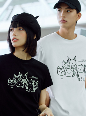 PSO Brand男装女装针织涂鸦小猫短袖T恤夏情侣宽松半袖上衣潮牌