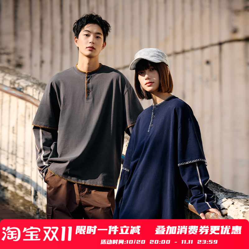 PSO Brand男装女装【假两件】磨毛棉混莱赛尔亨利领民族风长袖T恤