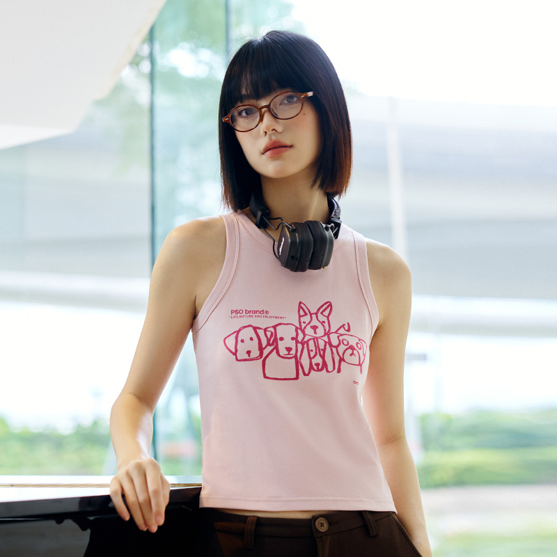 PSO Brand女装雪芙质感弹力罗纹涂鸦小狗背心无袖运动内搭夏季