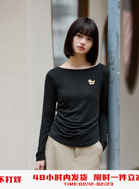 PSO Brand女装弹力针织刺绣小狗一字领抽褶长袖T恤内搭打底衫上衣