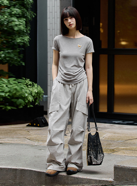 PSO Brand女装弹力针织刺绣小狗正肩短袖T恤夏日可爱甜美上衣潮牌