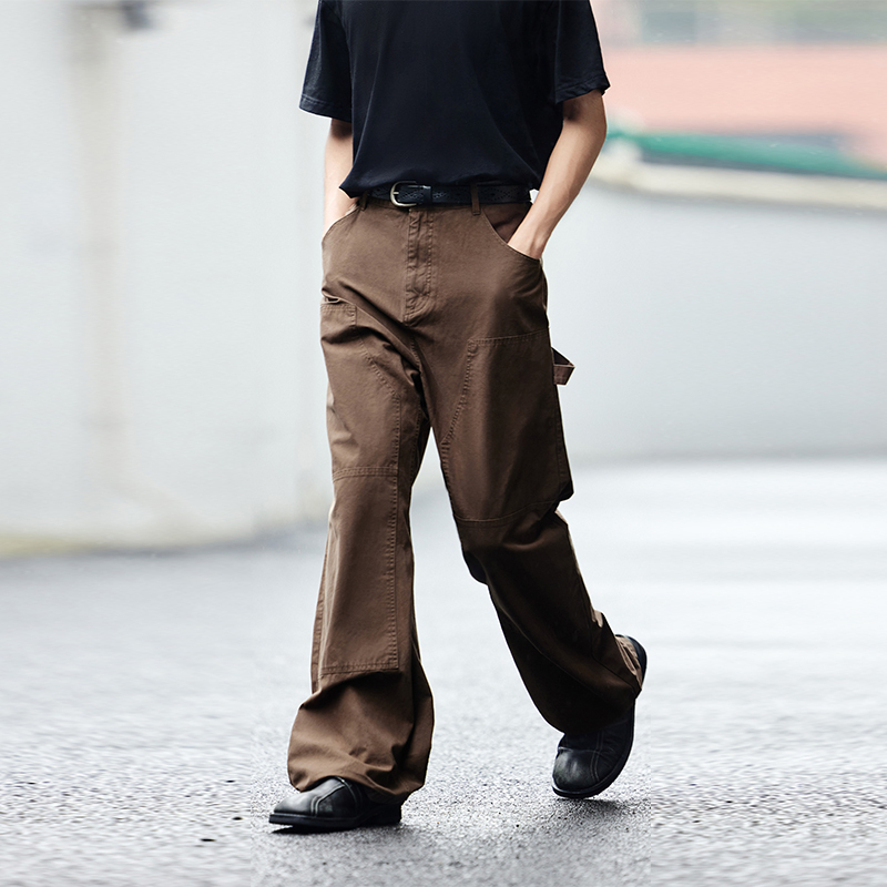PSO Brand男装女装双经斜纹膝位拼接水洗美式直筒工装宽松阔腿裤