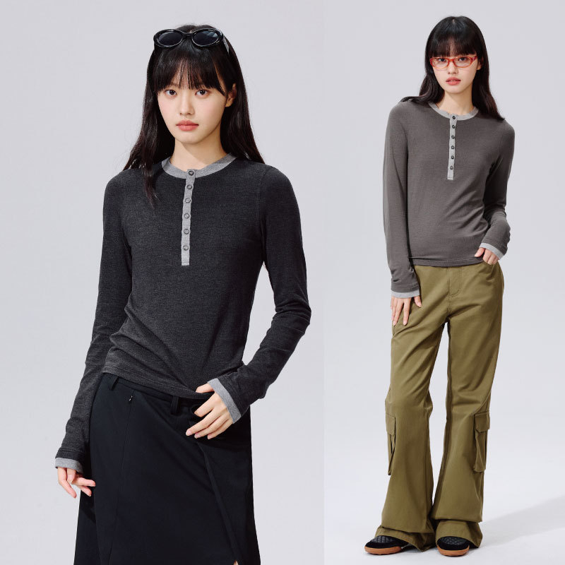 PSO Brand女装磨毛绒感撞色亨利领打底长袖上衣薄款T恤内搭初秋