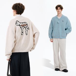 外套休闲宽松针织衫 PSO 可爱斑点小狗V领毛衣开衫 女装 Brand男装