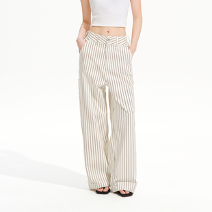 Brand女装 休闲拖地阔腿长裤 纯棉多口袋竖条纹直筒工装 女款 裤 PSO