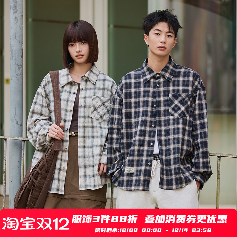 PSO Brand男装女装美式复古格子衬衫女款长袖格纹衬衣外套秋季潮