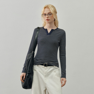 上衣修身 条纹撞色V领休闲女士长袖 显瘦黑色t恤潮牌 Brand女装 PSO