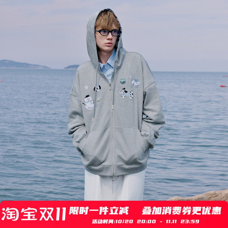 PSO Brand 男装女装可爱雪人小狗格纹开衫慵懒宽松连帽卫衣外套
