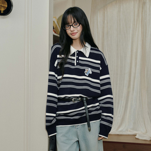 PSO Brand 女装学院风撞色条纹假两件POLO领针织衫毛衣外套秋冬
