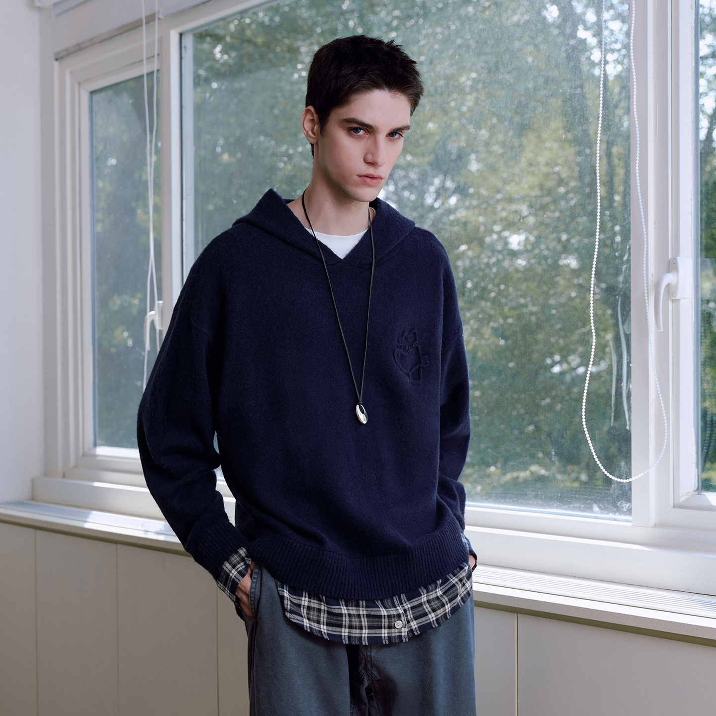 PSO Brand女装【假两件】可爱小狗针织格纹连帽女生毛衣外套保暖