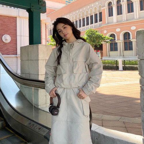 PSO Brand女装【套装款】棉锦混纺工装连帽外套春季短款夹克上衣