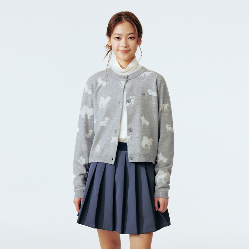 PSO Brand 可爱动物提花灰色针织开衫毛衣短外套女款春季百搭潮牌
