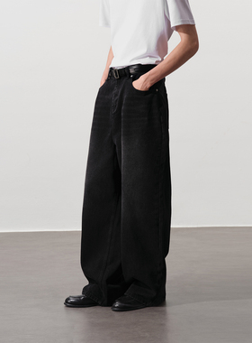 PSO Brand男装复古水洗做旧宽松直筒蓝色牛仔裤男款阔腿弯刀长裤