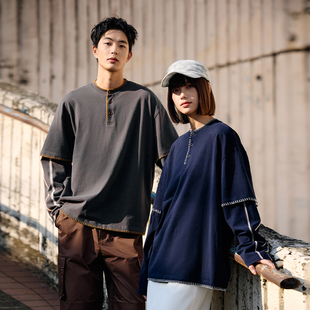 磨毛棉混莱赛尔亨利领民族风长袖 PSO 假两件 女装 T恤 Brand男装