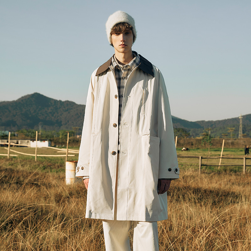 PSO Brand男装女装奶油卡其色复古撞色翻领中长款风衣外套高级
