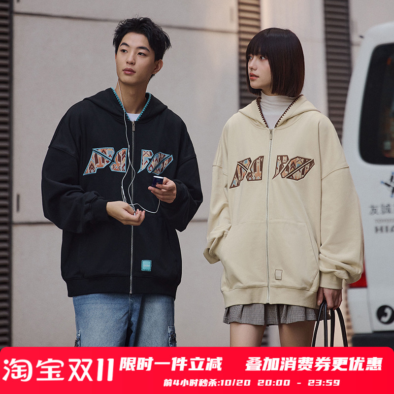 PSO Brand男装女装毛巾底贴布刺绣拉链连帽开衫宽松卫衣外套潮牌