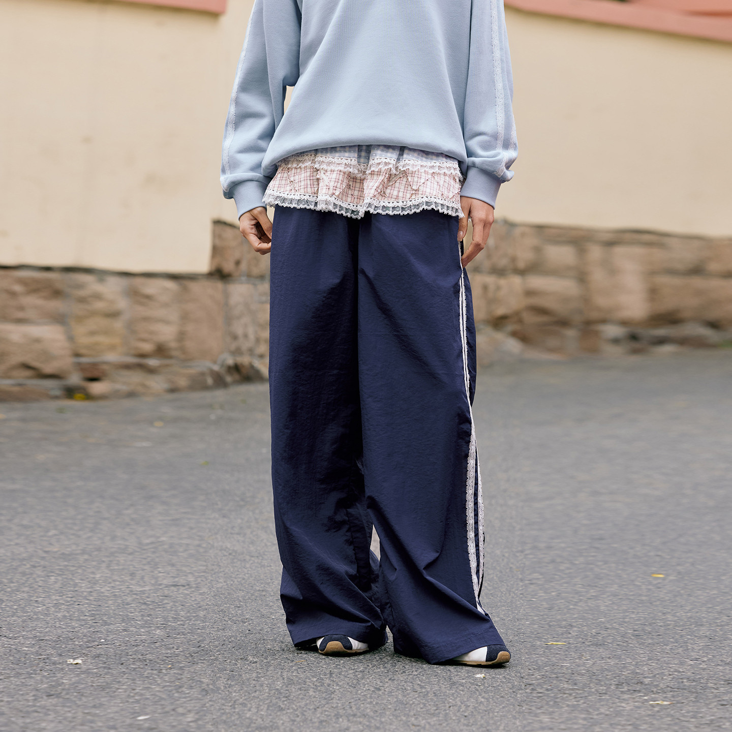 PSO Brand 女装假两件蕾丝拼接花边宽松休闲速干裙裤薄款早秋潮牌,男装,休闲裤,淘宝优惠券,粉丝福利购,淘宝优惠卷