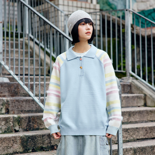 上衣 仿兔绒包芯纱撞色间条Polo领套头毛衣外套长袖 PSO Brand女装