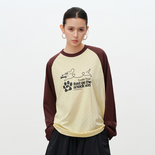 PSO Brand女装可爱小狗撞色波点圆领插肩长袖t恤女宽松休闲上衣