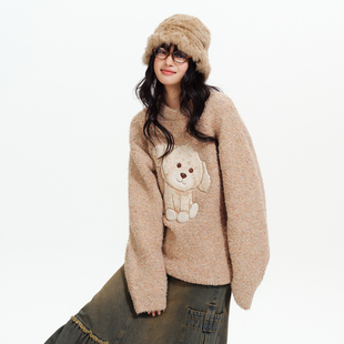毛线衣保暖秋 毛绒小狗贴布绣针织毛衣外套宽松长袖 PSO Brand女装