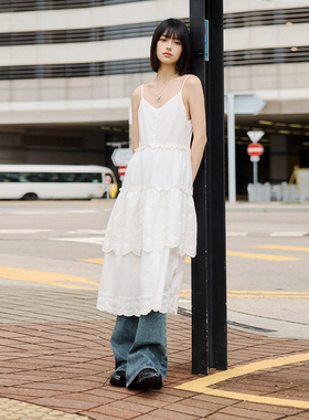 PSO Brand女装全棉洗水白色小清新刺绣蕾丝吊带长裙小白裙子A字裙