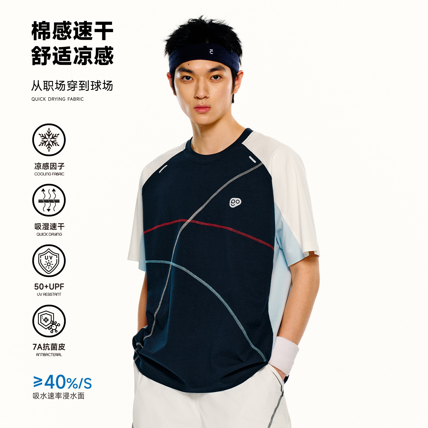 PSO Brand男装女装凉感速干撞色圆领短袖宽松运动t恤情侣上衣夏季