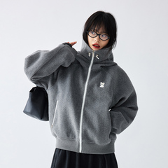PSO Brand男女装花灰色可爱小狗连帽毛呢拉链开衫卫衣保暖短外套
