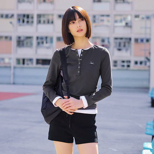 PSO Brand女装【假两件】可爱小狗女上衣正肩长袖T恤修身外穿春