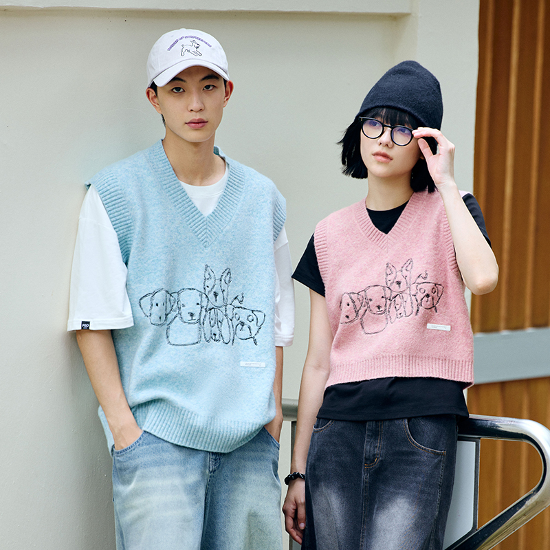 PSO Brand男装女装糯米绒纱线涂鸦小狗刺绣毛衣马甲背心叠穿秋潮