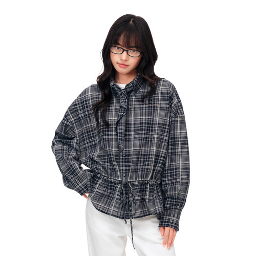 PSO Brand女装韩系松弛感翻领格纹长袖衬衫系带可收腰显瘦衬衣