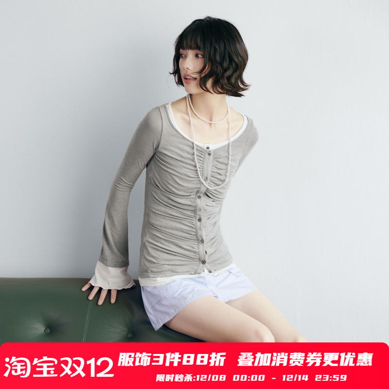 PSO Brand女装假两件撞色褶皱针织开衫修身长袖一字肩上衣百搭秋