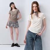 Brand 女装 大V领 PSO 刺绣小狗抽褶短袖 T恤收腰显瘦上衣潮牌